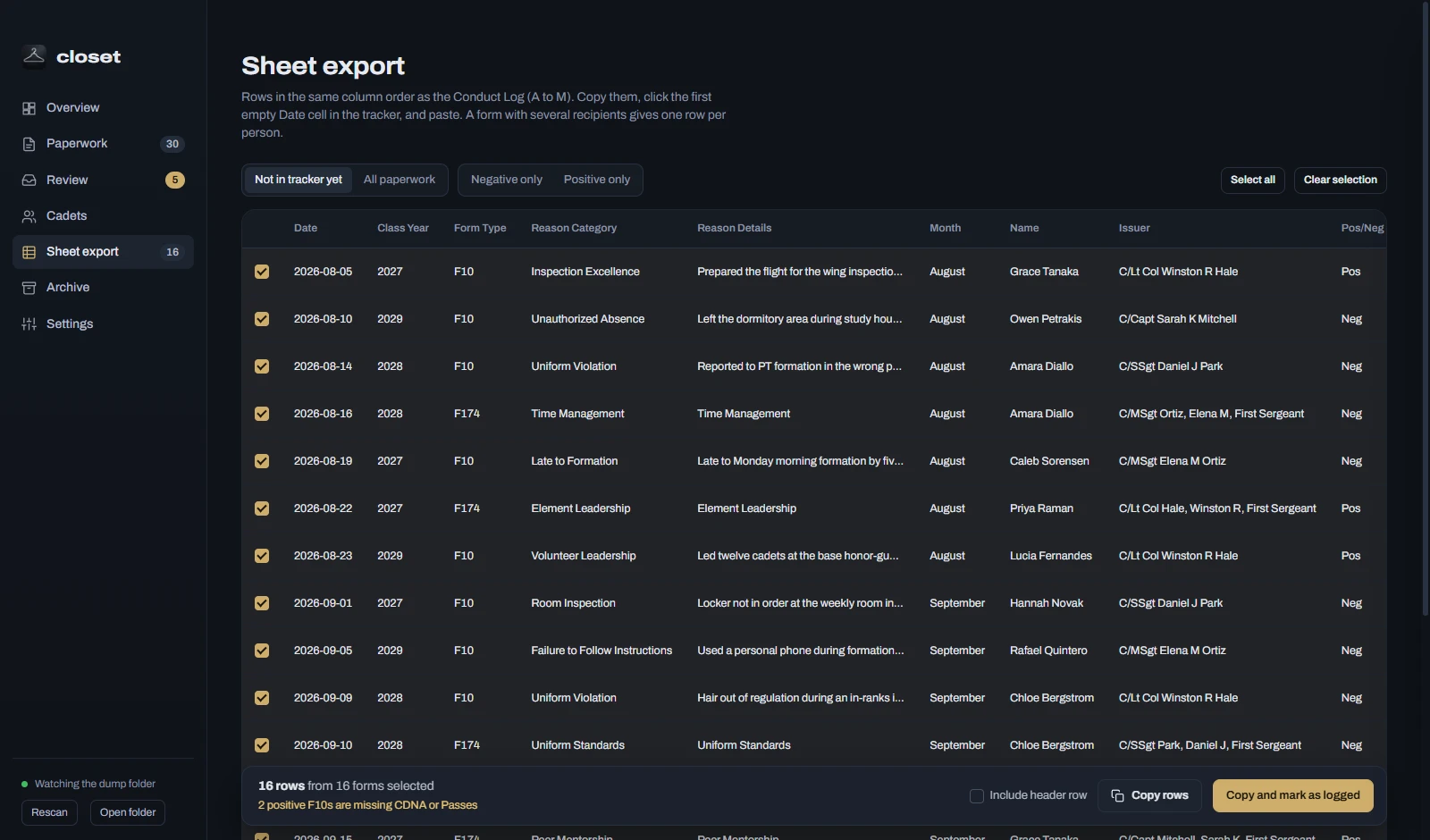 Sheet export: rows in Conduct Log column order, with negative-only and positive-only filters and copy buttons