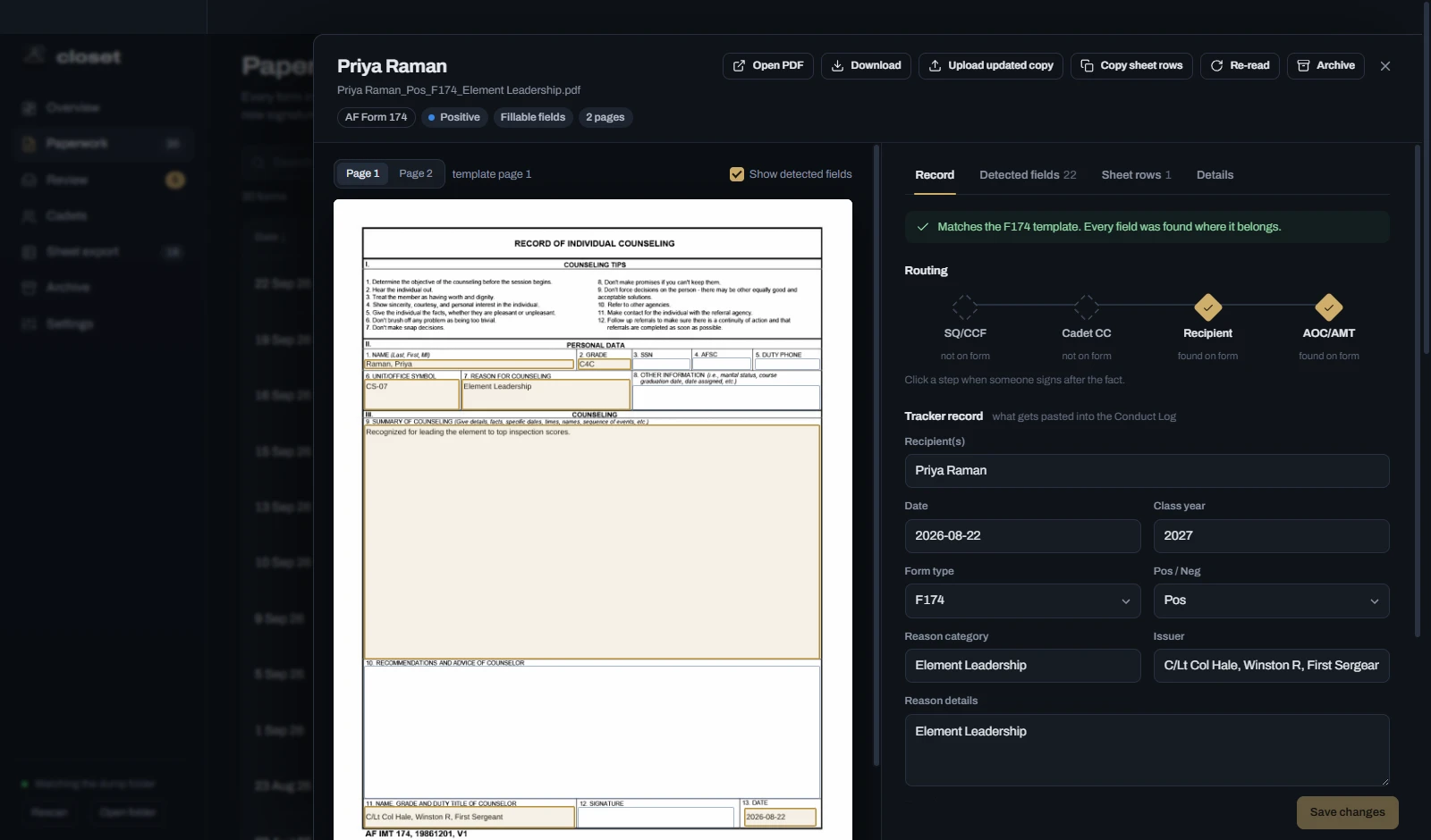 A Form 10 open in closet: the page with every detected field outlined, beside the four routing steps and the editable tracker record