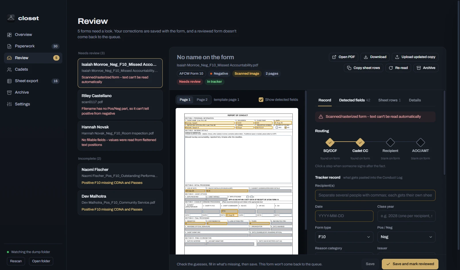 The review queue: forms that need a look on the left, and a scanned form open for correction on the right